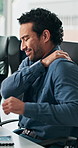 Posture, shoulder pain and sore with business man in office for symptoms of arthritis or cramp. Massage, stiff joint and typing with employee person in workplace for fibromyalgia or osteoporosis