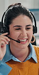 Call center, contact us or happy woman at help desk for solution, customer service or feedback. Hotline, headset and consultant with conversation for advice, support or problem solving for assistance