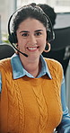 Smile, headset and face of businesswoman in office with pride for call center career with support. Happy, mic and portrait of female customer service consultant with crm on online consultation.