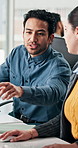 Talking, help and business people in office on computer for seo report, feedback and advice. Creative, startup agency and man with woman online for discussion, project review or planning for research