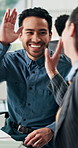 Happy, business people and winning with high five for teamwork, promotion or congratulations. Excited, businessman and woman with smile for good job, well done or salary bonus together in workplace