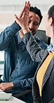 Support, high five or people in office with computer, colleague guidance or good job with task advice. Team, success or employees with tech, peer assistance or achievement in workplace collaboration.