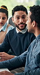 Meeting, help and business people in office online for seo report, feedback and advice. Creative, startup agency and man with team on computer for discussion, campaign research and planning project