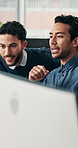 Talking, help and business men in office on computer for project report, feedback and advice. Creative, startup agency and man with worker on computer for discussion, campaign research and planning