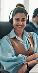 Crossed arms, headset and face of businesswoman in office with pride for call center career with support. Happy, mic and portrait of female customer service consultant with crm on online consultation
