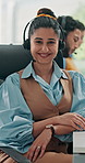 Happy, crossed arms and face of businesswoman with headset in office with pride for call center career. Smile, mic and portrait of female customer service consultant with crm on online consultation.