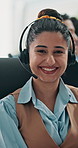 Laugh, headset and face of businesswoman in office with pride for call center career with support. Happy, mic and portrait of female customer service consultant with crm on online consultation.