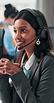 Call center, support or woman in office with headset, lead generation or customer service in crm management. Telemarketing, coworking or agents with tech, outbound contact or feedback in help desk.