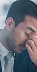 Stress, headache and business man in office with tension, pressure and overworked for deadline. Corporate, professional and frustrated person with eye strain, migraine and head pain for burnout