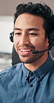 Happy, agent and man with headset, call center and online consultation for lead generation or sales. Telemarketing, consultant and person with mic for communication, talking and smile for discussion