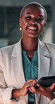 Laughing, portrait and woman will tablet, office and journalist with article on web or career growth. Newsroom, reporter and black person with smile for story, tech and deadline at night in Nigeria