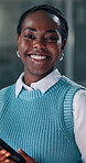 Office, portrait and woman with tablet, happy and reporter with article on web, reading or creative. Newsroom, journalist and black person with tech, online and deadline for publication at night