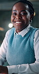 Smile, face and business with black woman in office for night, public relations deadline and about us. Happy, overtime and pride with pr agent or person in media agency for bokeh and confidence
