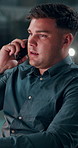 Man, phone call and night at startup with discussion, feedback or communication for lead at media company. Person, journalist and smartphone for contact, talk or overtime for story at press agency