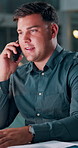Man, phone call and night at startup for documents, feedback or consultation at media company. Person, project management and smartphone for contact, talk or overtime with proposal at creative agency