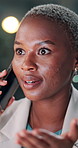 Angry, business and black woman with phone call at night for bad news, audit mistake and fraud. Frustrated, person and mobile for investment scam, financial error and overtime with company bankruptcy