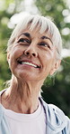 Smile, thinking and senior woman in park for wellness, fresh air and reflection for health. Nature, retirement and happy elderly person with thoughts outdoor, positive mindset and daydreaming