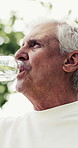Senior man, fitness and drinking with water in park for hydration, workout break or recovery. Elderly, male person or mineral liquid with aqua bottle for natural sustainability, rest or health