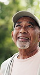 Fitness, thinking and senior man in nature for wellness, fresh air and reflection for health. Park, exercise and happy elderly person with thoughts outdoor, mindset and daydream in retirement