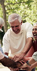 Hands stack, friends and people in park for fitness, excited and teamwork for training goals. Outdoor, pensioner or mature group with gesture, exercise or target with retirement, smile or celebration