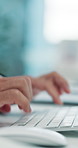 Technology, keyboard and hands of businesswoman typing in office for research on finance report. Computer, information and female financial manager with email for investment proposal in workplace.