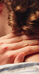 Hand, neck pain and stress with man closeup for massage or relief from symptoms of anxiety. Inflammation, pressure and tension with person rubbing muscle from back for fatigue, injury or mistake