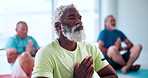 Elderly, men and breathing with meditation in class for yoga, spiritual wellness or zen. Male people, senior group or session with inner peace for mindfulness, chakra or mudra together in health club