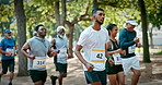 Running, marathon and group of people outdoor for race, endurance challenge and fitness event. Sports, athlete and men and women in park for runners contest, competition and exercise for workout