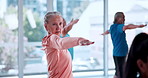Yoga class, mature people and fitness with balance, spiritual wellness and warrior pose in gym. Old woman, retirement or group in health club with warm up for pilates, mobility and elderly care