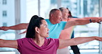 Pilates class, people and fitness with mobility, spiritual wellness or warrior pose in gym. Mature woman, retirement and group balance in health club with warm up for yoga, stretching or elderly care