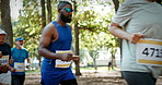 Sports, marathon and people outdoor running for race, endurance challenge and fitness event. Health, athlete group and men and women in park for runners contest, competition and exercise for workout