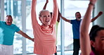 Stretching, senior people and exercise in class, fitness and flexibility to prevent muscle stiffness. Gym, old women and workout with elderly men, together and training for wellness or retirement