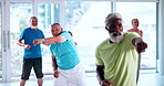 Senior people, exercise and fitness in class, flexibility and shadow boxing for wellness or training. Gym, old friends and group with coordination for workout, retirement and happy with routine
