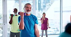 Dumbbell, fitness and class with old man in studio for mobility workout, health and joint friendly exercise. Wellness, learning and senior training group with people in club for weights and hobby
