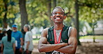 Man, smile and face with medal for trail running competition with pride, goals and confidence. Champion, person and happy runner with success, portrait and winning athlete with achievement in forest