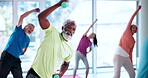 Senior people, workout and dumbbells in class, flexibility or stretching to prevent muscle stiffness. Gym, old women and exercise with elderly men, together and training with equipment and active