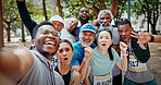 Marathon team, face and selfie in park for sports event, competition memory and achievement. Running club, excited people and celebration photo in nature for race success, online post and fist pump