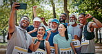 Selfie, marathon or team in park with fist pump, cardio success or goal celebration in online post. Fitness, athletes or people with tech, competition achievement or group victory in digital memories