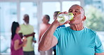 Water, workout class and senior man with fitness, health or wellness for active in retirement. Happy, hydration and portrait of elderly male person with drink on break for exercise in sports studio.