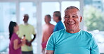 Face, fitness and class with old man in studio for mobility workout, health or joint friendly exercise. Wellness, learning or senior training group with portrait of person in club for smile and hobby