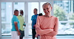 Face, fitness and happy with old woman in studio for mobility workout, health or joint friendly exercise. Wellness, learning or senior training group with portrait of person for smile and hobby