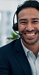 Finance, headset and face of business man in office for stock market, investment advisor and feedback. Corporate, happy and portrait of person for financial consulting, advice and risk management