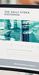 Website, screen and scroll on computer in office for stock exchange, trading and investment research. Corporate, finance agency and worker with ui for financial information, article and trader tips