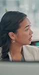 Computer, talking and business woman in office for finance proposal, feedback and budget review. Corporate,  professional and person in meeting for financial report, investment planning and research