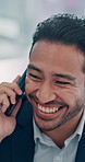 Phone call, contact and businessman in office for negotiation, deal or communication for investment. Cellphone, laugh and male financial manager on mobile discussion for feedback on budget plan.