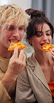Couple, eating pizza and smile in new home for chat, relax or bonding for relocation with real estate. Happy man, woman and moving with meal, fast food or property with partner in lounge at apartment