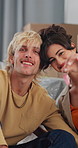 Happy couple, face and new home with keys for property purchase, buying or investment together. Portrait, man and woman moving in with smile, boxes or apartment access for rent or house ownership