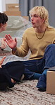 Angry couple, new home and stress with fight for eviction notice, debt or lease violation. Frustrated, woman and man with disagreement, conflict or dispute for lost property or financial crisis