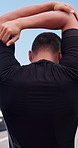 Back, man and stretching for fitness outdoor with preparation, exercise and training. Athlete, male person and runner warm up for endurance workout, sports challenge and marathon practice in city