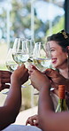 Cheers, friends and woman in restaurant with wine for social gathering, reunion and tasting event. Happy, weekend and people with alcohol, drinks and toast for bonding, connection and celebration